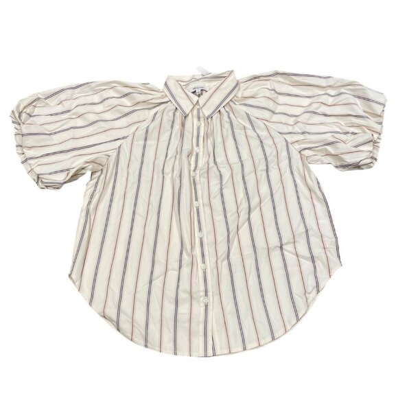 NWT Madewell Sz M Shirred Bubble-Sleeve Button-Up Shirt Poplin Coffee Tan Stripe - Picture 3 of 12